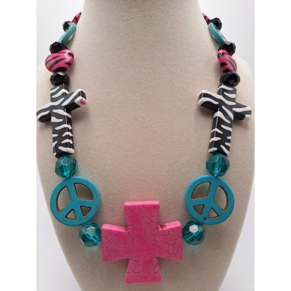 Cross peace necklace acrylic pink turquoise zebra print 18.5 inches toggle clasp